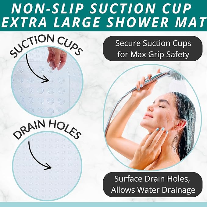 ENKOSI Extra Large Square Non Slip Shower Mat - 31 x 31-inch XL Bathroom Shower Mat - Square Shower Matts for Shower Stall Floors | Secure Suction Cups and Drain Holes (31x31 Clear)