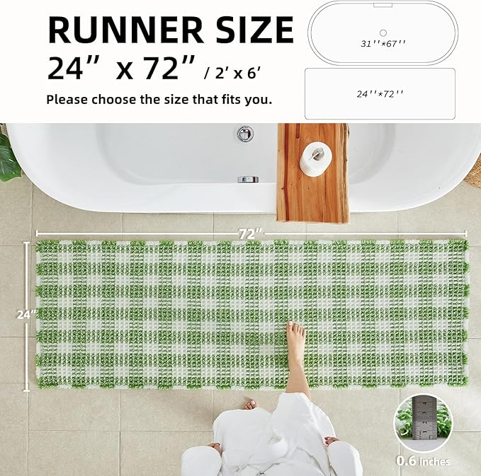 Waffle Runner Rug Bathroom, Long Boho Bathroom Rugs Non Slip Washable Absorbent Checkered Bathroom Mat Quick Dry Cute Bath Mat, 72"x24" Green and White