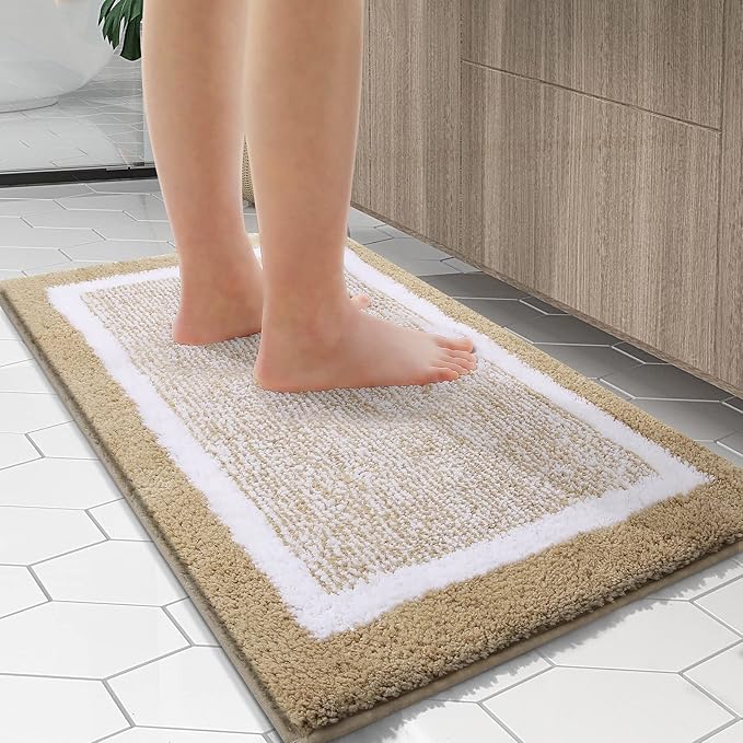 OLANLY Bathroom Rugs 47x17, Extra Soft and Absorbent Microfiber Bath Mat, Non-Slip, Machine Washable, Quick Dry Shaggy Bath Carpet, Suitable for Bathroom Floor, Tub, Shower (Runner, Beige)