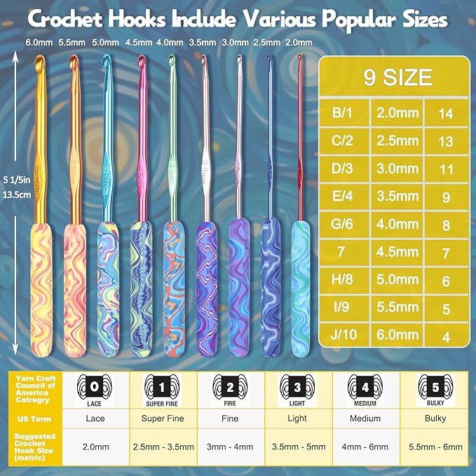 Coopay Warm Crochet Hooks Comfort Grip, Pretty Starry Night Art Handle Crochet Set for Beginners, Longer Aluminum Shaft Crochet Hook Set 2.0mm-6.0mm, Smooth Crochet Needles Set for Crochet Yarn