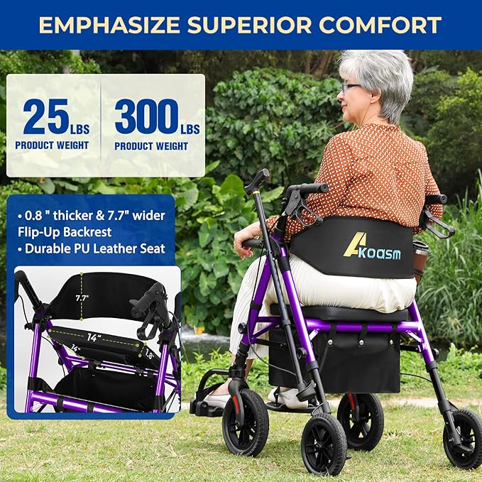 Foldable Rollator Walker for Seniors with Seat, Lightweight 2 in 1 Rolling Walkers Wheelchair Combo for Adult, Transport Chair with Brakes, Adjustable Seat and Handle, 300 Lb. Weight Capacity, Purple