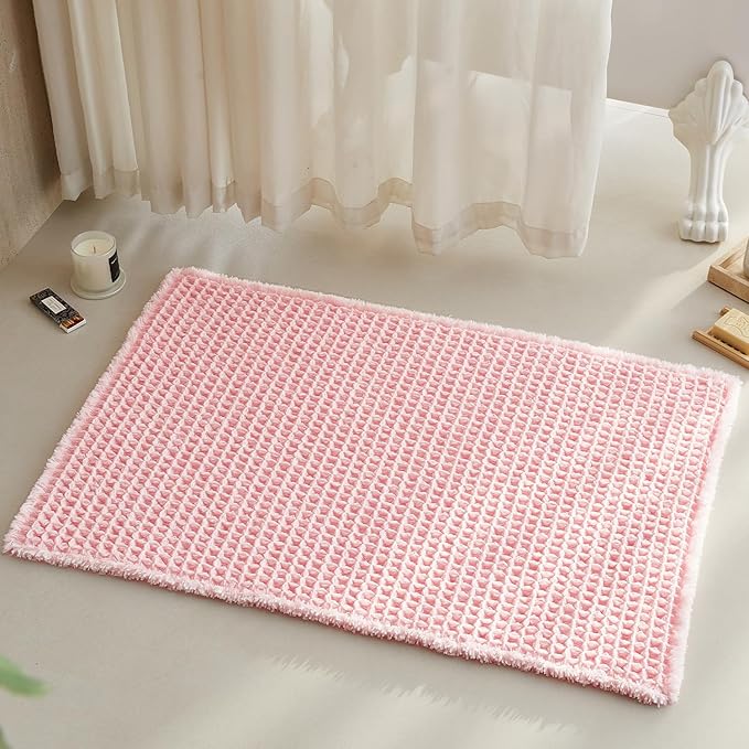 Light Peachy Pink Bathroom Rugs, Waffle Bath Mat Non Slip Washable Quick Dry Cute Bath Mat Boho Farmhouse Bathroom Decor, 36"x24" Light Peachy Pink