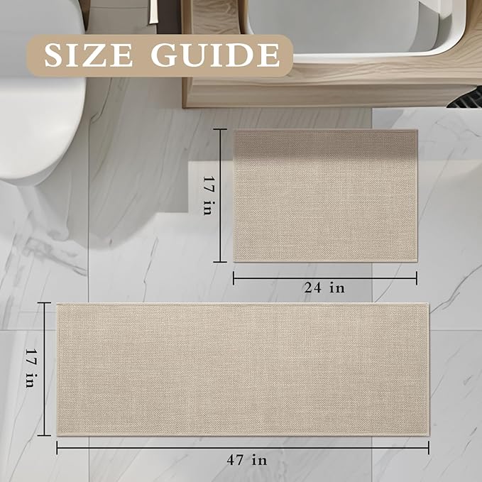 YIHOUSE Beige Bathroom Rug Sets 2 Piece, Absorbent Bath Mat for Bathroom Non Slip Washable, Bath Room Mat Quick Dry, Thin Bath Rug Set for Toilet and Floor(17"x24"+17"x47")