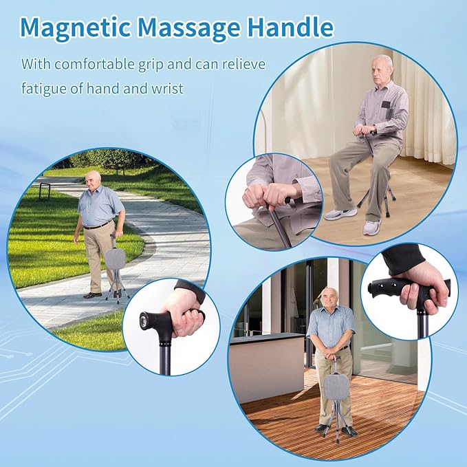 Folding Walking Cane with Seat, Walking Stick with Seat Lightweight for Seniors, Cane Chair with Magnetic Massage Handle & Seat Cover, Height Adjustment, Supports up to 330 Pounds