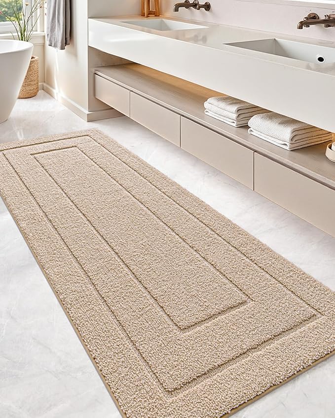 DEXI Bathroom Rug 60x24, Non Slip Washable Bath Mat Runner for Shower Floor, Extra Long Absorbent Soft Bathmat with Rubber Backing, Quick Dry Microfiber Carpet, Beige
