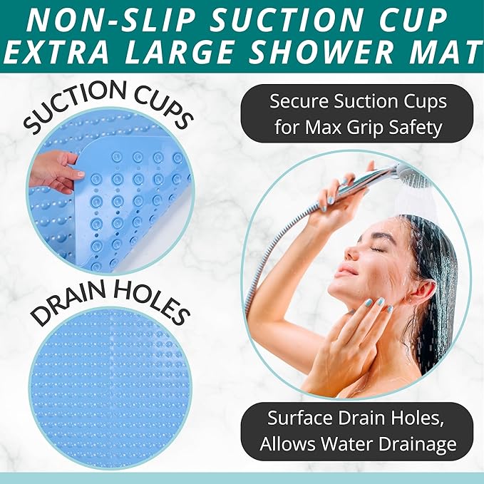 ENKOSI Extra Large Square Non Slip Shower Mat - 31 x 31-inch XL Bathroom Shower Mat - Square Shower Matts for Shower Stall Floors | Secure Suction Cups and Drain Holes (31x31 Aqua Blue)