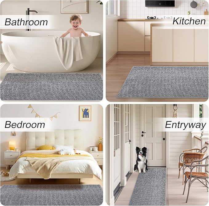 HDFK Bath Mat Runner Rug Non Slip 60x24 Inches Bathroom Rugs 2 Tone Chenille Medium Pile TPR Backing | Absorbency Solid Black White | Long Tub Side Mats for Wet Dry Transition Zone Modern Decor