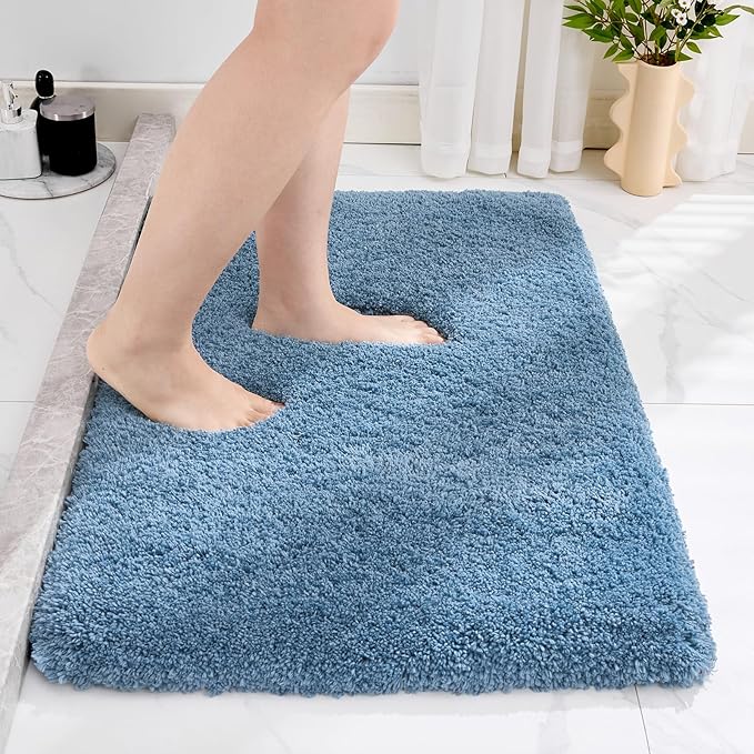 Blue Bathroom Rug 24x36 Non Slip Fluffy Bath Mat for Bathroom Floor Washable Plush Luxury Bath Rug for Tub Soft Shaggy Absorbent Shower Sink Mat