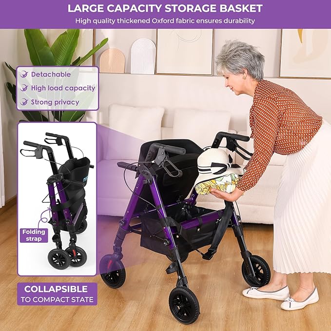Heavy Duty Rollator Walker for Seniors with Seat, Foldable 2 in 1 Rolling Walkers Wheelchair Combo for Adult, All Terrain Wheels, Adjustable Transport Chair with Brake, 450 lb. Weight Capacity, Purple