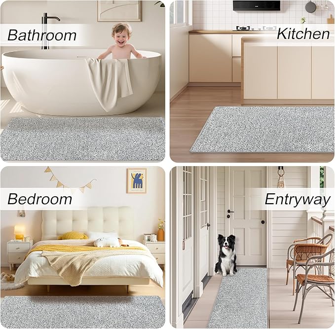 HDFK Bath Mat Runner Non Slip 60x24 Inches Bathroom Rugs 2 Tone Chenille Medium Pile with TPR Backing | Absorbent Solid Light Gray | Long Shower Transition Mats for Tub Side Wet Dry Zone Decor