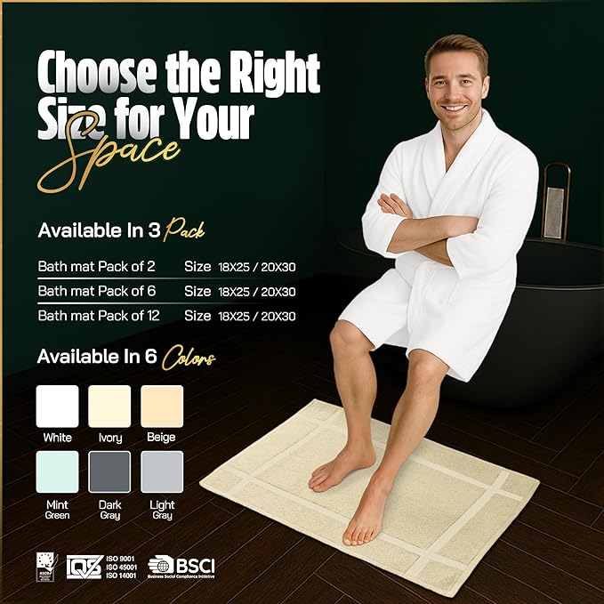 Pearl Linens Pack of 6 100% Cotton Bath Mat 20x30 inches, Soft & Absorbent Quick Dry Bathroom Mat Set, Not Bathroom Rugs, After Shower Mat, Bath Tub Mat, 687 GSM, Machine Washable, Beige