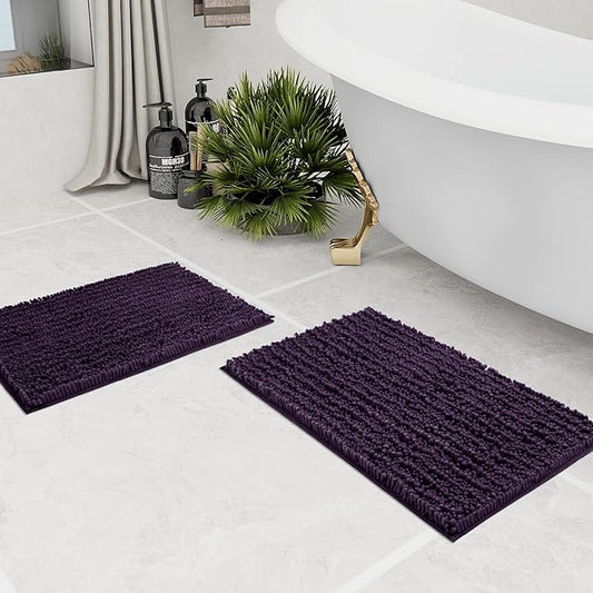 Walensee Bathroom Rug 2 Pieces Set Non Slip Bath Mat (17x24 Plus 20x32 Inch Dark Purple) Water Absorbent Super Soft Shaggy Chenille Machine Washable Dry Extra Thick Perfect Carpet for Shower Floor