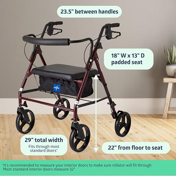Medline Large Steel Bariatric Rollator Walker with Adjustable Handles, Padded Seat & Backrest, Burgundy, 500 lb. Weight Capacity, Foldable, Under Seat Storage, 8" Wheels, For Seniors & Adults