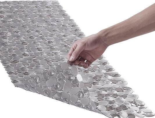 Bath Shower Mat Non Slip: Extra Large Pebble Bathtub mat for Families, Anti Slip Shower Matt with Drain Holes Suction Cups Tub Mat - 16 X 40 Inch Clear Grey