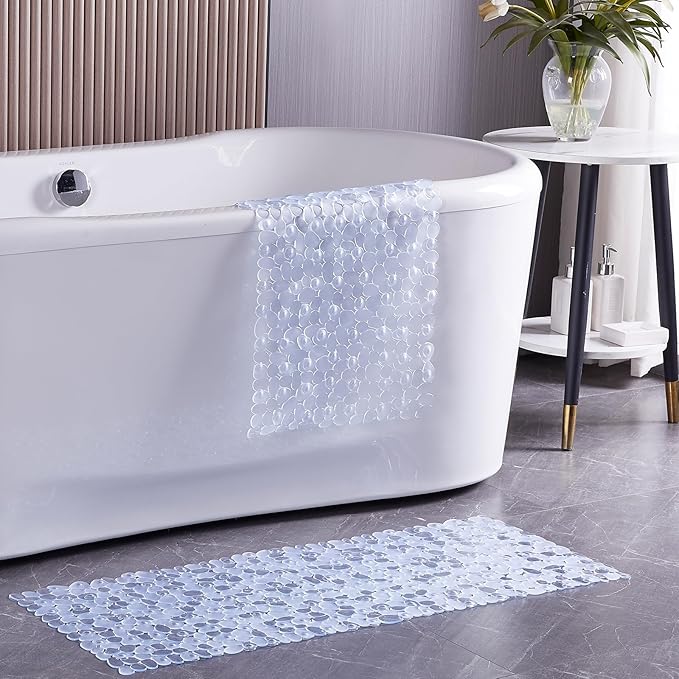 Bath Shower Mat Non Slip: Extra Large Pebble Bathtub mat for Families, Anti Slip Shower Matt with Drain Holes Suction Cups Tub Mat - 16 X 40 Inch Clear