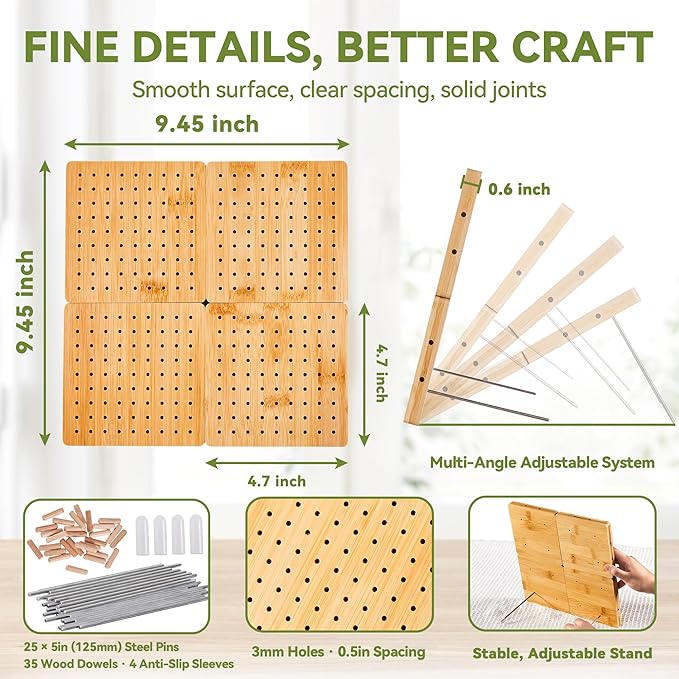 4-Pack 4.7" Crochet Blocking Boards with 25 Steel Pins Pegs, Assembles into 9.4" Standable Granny Square Blocking Board for Crochet Projects, for Crocheting and Knitting, 4 in 1 Gifts for Crocheter