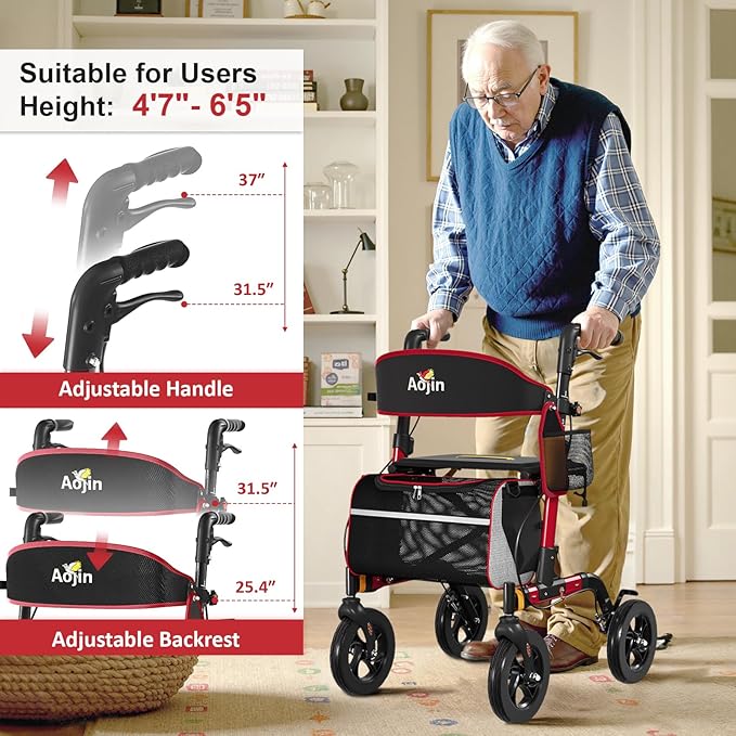 Walkers for Seniors, Rollator Walker with Seat, 350 lb Weight Capacity, 18" Big Seat, 8" All-Terrain Wheels, 6-Level Adjustable Height, Lightweight Aluminum Frame Rollator Walkers for Seniors (Red)