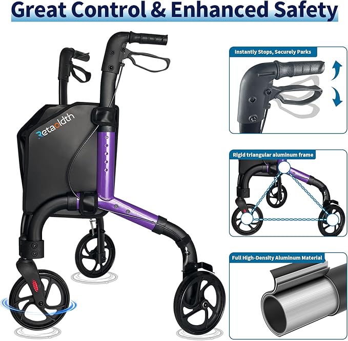 Lightweight 3 Wheel Rollator Walker for Seniors, Foldable Aluminum Mobility Aid with Storage Bag, Easy-Fold Walking Support for Elderly Balance & Rehabilitation