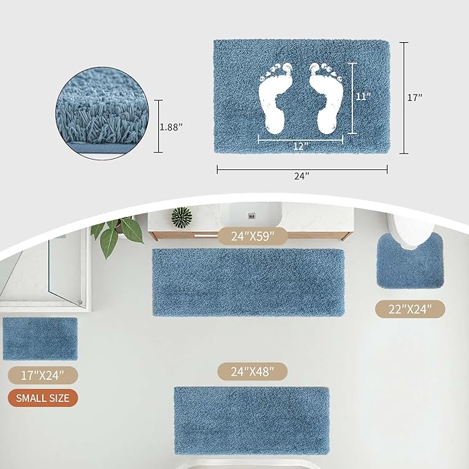 Blue Bathroom Runner Rug 24x70 Non Slip Fluffy Long Bath Mat for Bathroom Floor Washable Plush Luxury Large Bath Rug for Tub Absorbent Runner Rug for Bedside