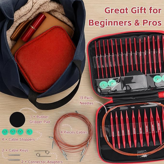 Interchangeable Circular Knitting Needles Set, 13 Pairs (26pcs) Glossy Red Aluminum Knitting Needles Kit, Sizes 3.0mm–10.0mm, Knitting Needle Case & Accessories for Knitting Beginners & Advanced