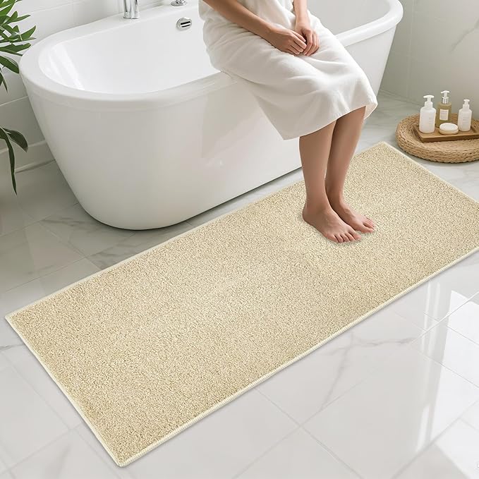 HDFK Bath Mat Runner Rug Non Slip 60x24 Inches Bathroom Rugs 2 Tone Plush Chenille Medium Pile with TPR Backing | Ultra Absorbent Solid Khaki | Long Mats for Tub Side Wet Dry Transition Zone Decor