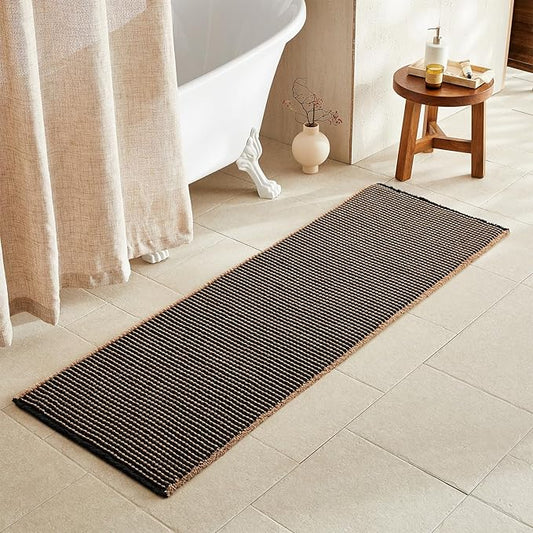 Waffle Runner Rug Bathroom, Long Boho Bathroom Rugs Non Slip Washable Super Absorbent Quick Dry Farmhouse Bath Decor, 72"x24" Khaki and Black