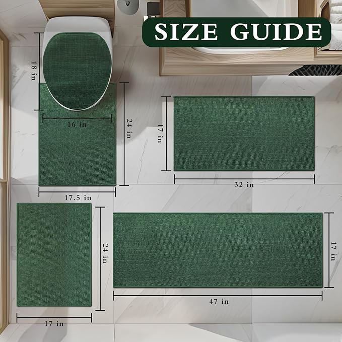 YIHOUSE Green Bathroom Rugs Set 5 Piece, Absorbent Bath Mat for Bathroom Non Slip Washable, Bathroom Mat Quick Dry, Thin Bath Rug Set for Toilet and Floor