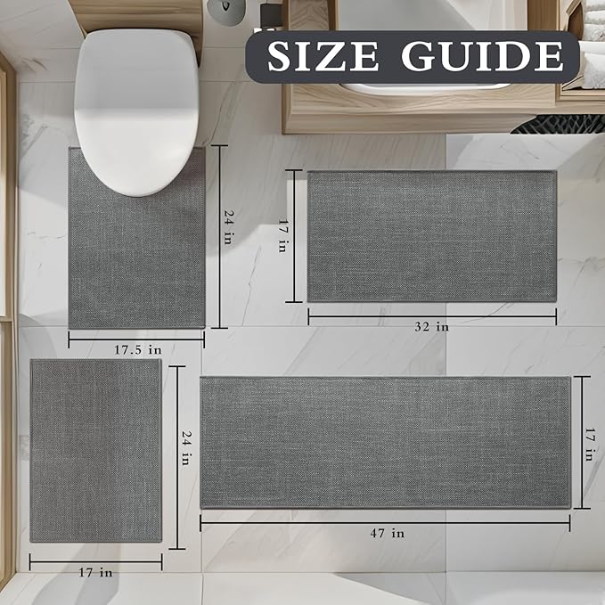 YIHOUSE Grey Bath Rug Set, 4 Piece Non Slip Absorbent Bath Mat, Quick Dry, Thin for Toilet and Floor