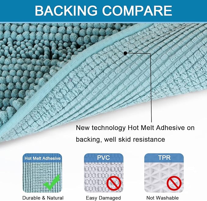 H.VERSAILTEX Bathroom Rugs Bath Rugs for Bathroom Non Slip Bath Mats Extra Thick Chenille Striped Rug 17" x 24" Absorbent Soft Shaggy Washable Dry Fast Bath Mats for Bath Room Floor - Aqua Haze