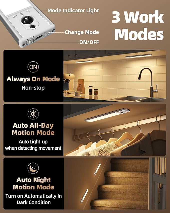 EZVALO 5 Pack Under Cabinet Lighting, Rechargeable Motion Sensor Light, LED Closet Lights Wireless, 3500K Dimmable, Timer, Magnetic, with Remote Control for Kitchen, Closet, Stair