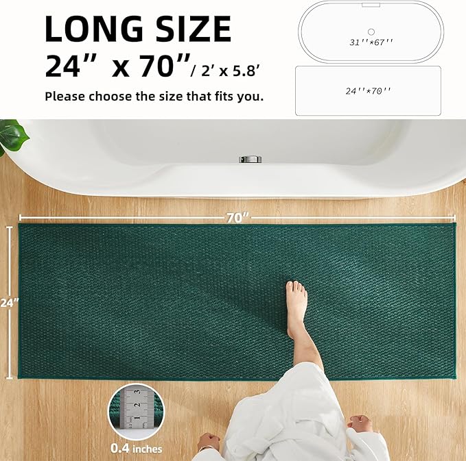 Bathroom Runner Rugs, Long Bath Mat Runner Washable Thin Quick Dry Low Pile Bathroom Runner Rugs Non Slip, Dark Green 24"x70"