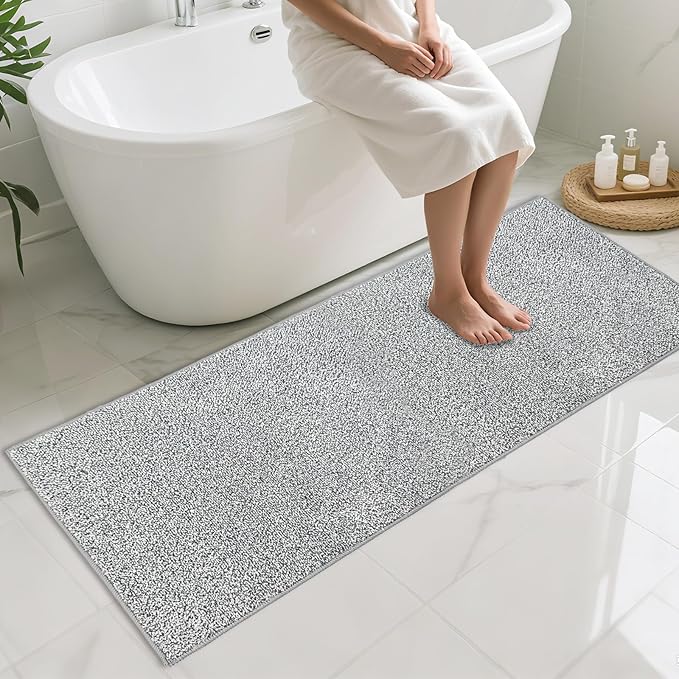 HDFK Bath Mat Runner Non Slip 60x24 Inches Bathroom Rugs 2 Tone Chenille Medium Pile with TPR Backing | Absorbent Solid Light Gray | Long Shower Transition Mats for Tub Side Wet Dry Zone Decor