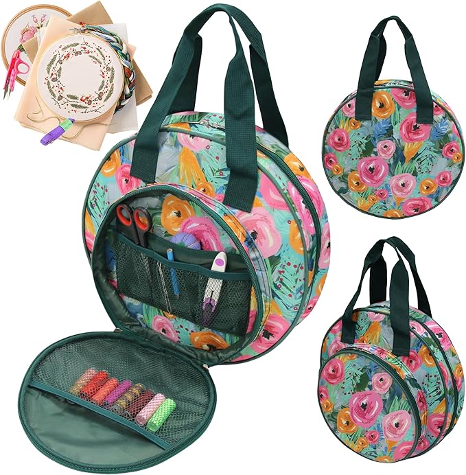 JLDTOP Round Embroidery Project Bag Embroidery Storage Organizer Cross Stitch Bag Floral for Floss, Hoops, Thread, Knitting Tools(Bag Only) (Green Floral)