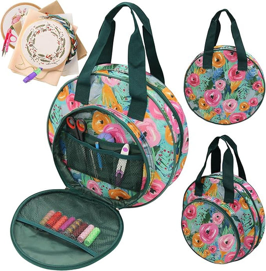 JLDTOP Round Embroidery Project Bag Embroidery Storage Organizer Cross Stitch Bag Floral for Floss, Hoops, Thread, Knitting Tools(Bag Only) (Green Floral)