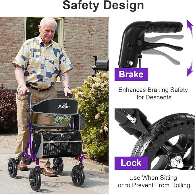 Rollator Walker for Seniors with Seat, Lightweight & Foldable, 8" All-Terrain Wheels, 18" Big Seat, 6-Level Adjustable Height Rolling Walker, 350 lb Capacity, Purple