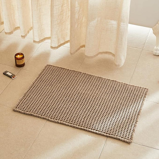 Waffle Bath Mat, Boho Bathroom Rugs Non Slip Washable Super Absorbent Quick Dry Bath Mat Farmhouse Bathroom Decor, 30"x20" Beige