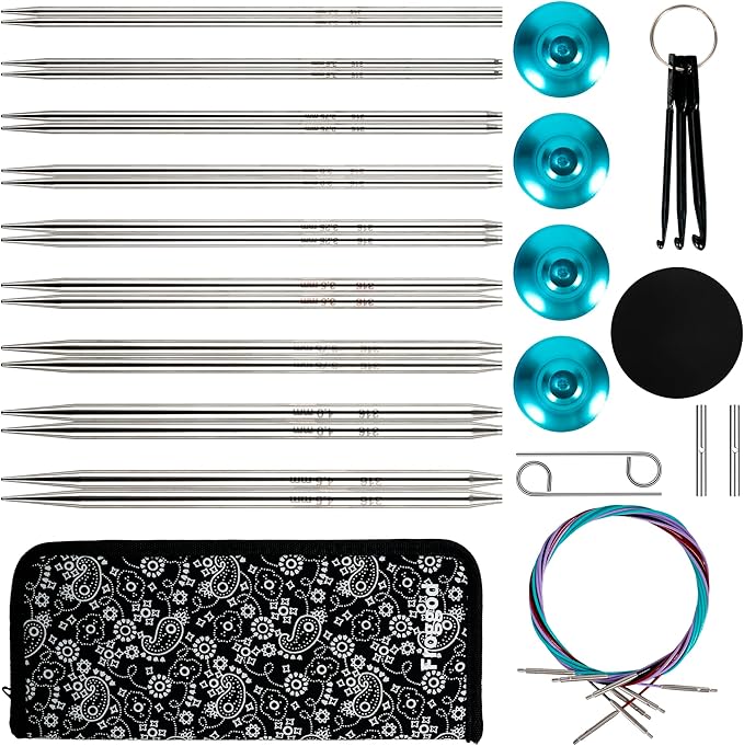 Froggod 5-Inch Aluminum Lace Interchangeable Circular Knitting Needle Set, Sizes US 0, 1, 2, 3, 4, 5, 6, 7, 8 Interchangeable Knitting Needles Lace-Tip with 4 Assorted Cables with Project Bag