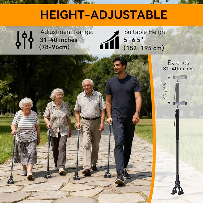 Walking Cane with LED Light for Seniors Men Women, Adjustable Folding Canes for Elderly, Ergonomic Handle & All Terrain Shock Absorbing Base, Walking Sticks for Indoor Outdoor Travel Hiking Support