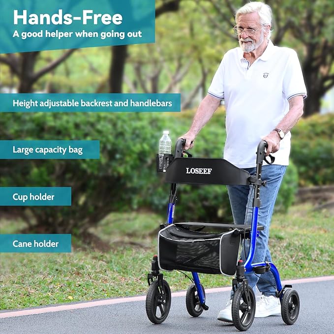 Foldable Rollator Walkers With Seat For Seniors, 10" Big Rubber Wheels All Terrain Rollator Walker With Adjustable Backrest And Handles, 350 Lb, Cup Holder, Lightweight 4 Wheel Walker For Seniors Blue