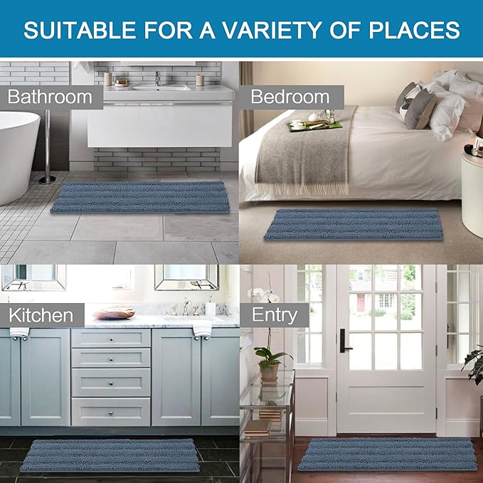 H.VERSAILTEX Bath Rugs for Bathroom Non Slip Bath Mats Thick Chenille Striped Bath Rug Runners 47" x 17" Absorbent Fluffy Soft Shaggy Mats Dry Fast Plush Area Carpet for Bath Room - Blue Indigo