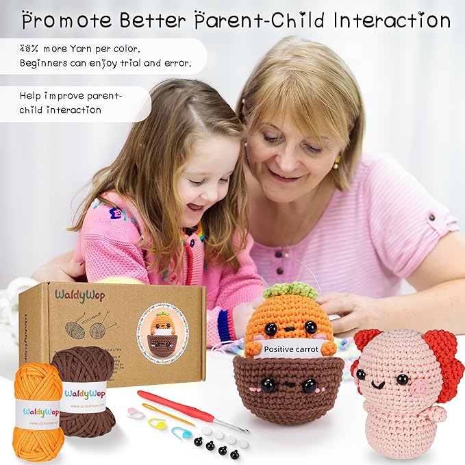 WaldyWop Beginner Crochet Kit for Kids: Wobbles Crocheting Starter Kits for Girls - Learn to Crochet Set w/Step-by-Step Video - Complete Knitting Kit, Easy Crochet Yarn, Birthday Gifts for Women