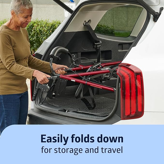 Medline Superlight Folding Aluminum Mobility Rollator Walker, Red, 250 lb. Weight Capacity, 6" Wheels, Adjustable Arms and Seat, Foldable Rolling Walker for Seniors