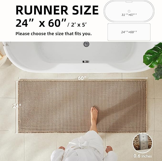 Waffle Runner Rug Bathroom, Long Boho Bathroom Rugs Non Slip Washable Super Absorbent Quick Dry Farmhouse Bath Decor, 60"x24" Beige
