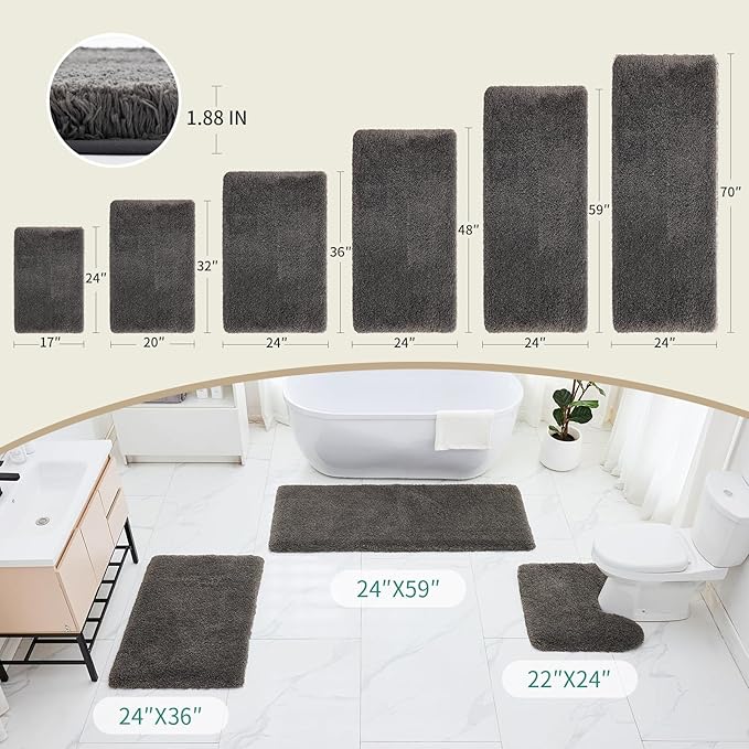 Bathroom Runner Rug 24x70 Dark Grey Non Slip Fluffy Long Bath Mat for Bathroom Floor Washable Plush Luxury Bath Rug for Tub Absorbent Shower Sink Mat Bedside Rug