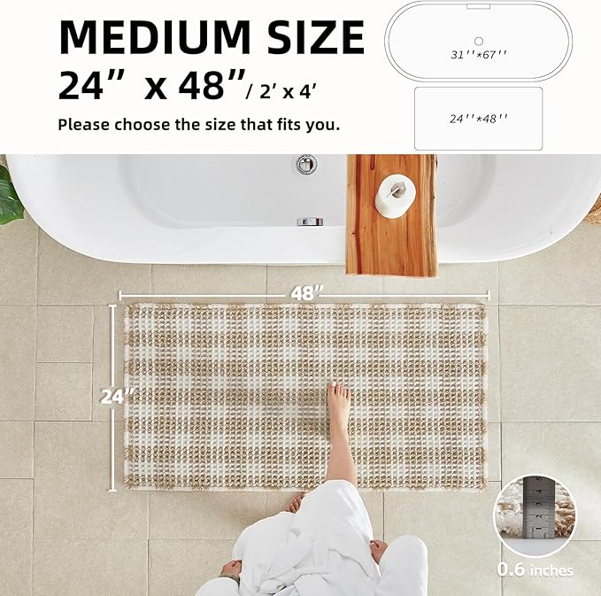 Waffle Bath Mat, Boho Bathroom Rugs Non Slip Washable Absorbent Checkered Bathroom Mat Quick Dry Farmhouse Bathroom Decor, 48"x24" Khaki and White