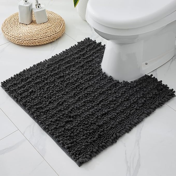Toilet Rug 24x24 Non Slip Plush Bathroom Floor Mat U Shaped Washable Contour Rug for Toilet Absorbent Thick Foot Rug, Dark Grey