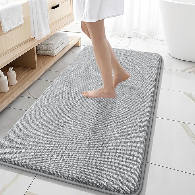 OLANLY Thick Memory Foam Bath Mat Rug 47x20, Extra Soft Absorbent Bathroom Rug, Quick Dry Bath Mats, Non-Slip, Machine Washable Carpet for Bathroom, Tub and Shower, Home Decor Accessories, Light Grey