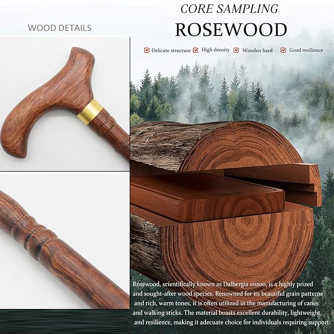 Wooden Walking Canes for Men and Women, Natural Rosewood Walking Sticks for Senior Support, Up to 500 Lbs Walking Stick, Heavy-Duty Walking Cane for Men, Suitable for Gift Giving
