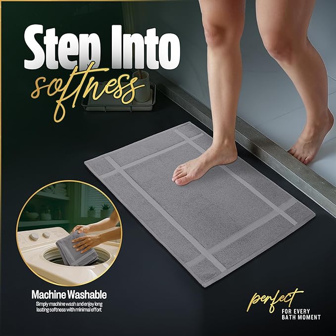 Pearl Linens Pack of 2 Washable Cotton Bath Mat 18x25 - Soft & Absorbent Quick Dry Bathroom Mat Set, Not Bathroom Rugs After Shower Mat, Terry Bath Tub Mat, 687 GSM Light Grey