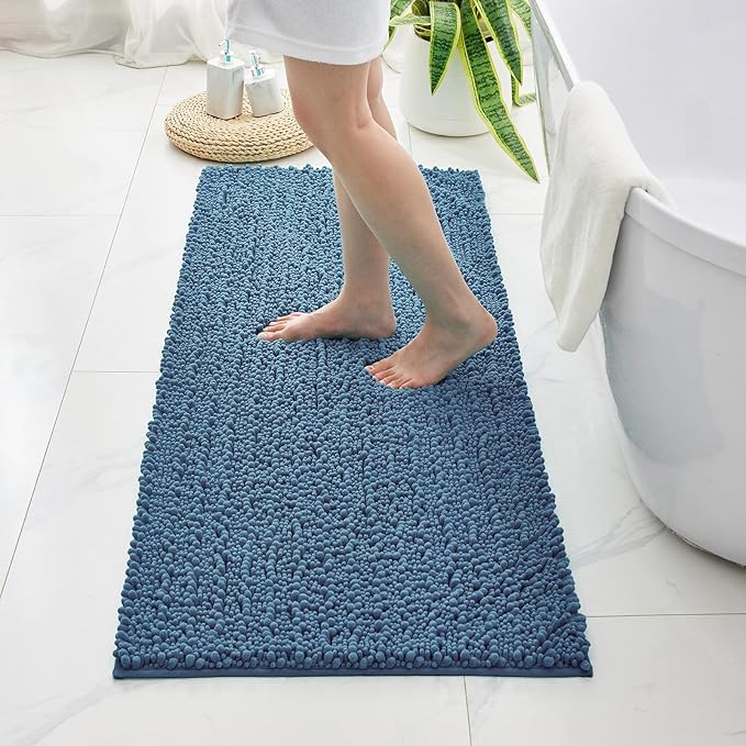 Bathroom Runner Rug 24x70 Non Slip Washable Long Bath Mat for Tub Thick Soft Absorbent Bathroom Floor Mat Large Chenille Bath Rug for Shower, Blue